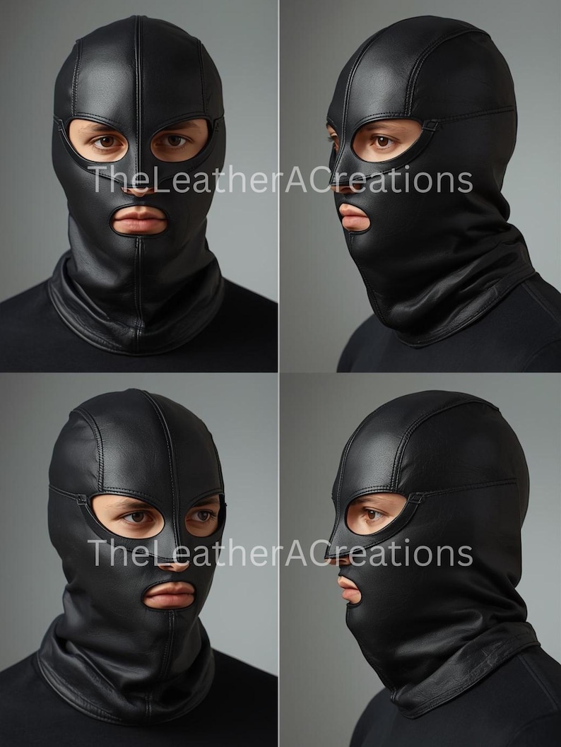 May include: A black leather hood with eye and mouth openings. The hood covers the entire head and neck, featuring a smooth, matte finish. The text "TheLeatherACreations" is visible on the image. The hood is designed with a vertical seam down the centre.
