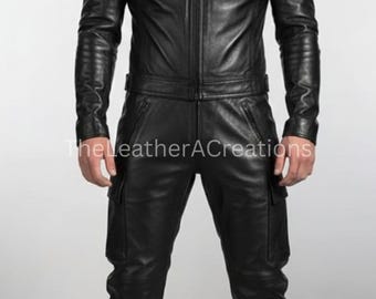 Men’s Black Real Leather Jumpsuit