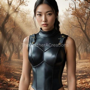 May include: A black leather corset with a high collar and shoulder straps. The corset has a structured design with a V-shaped neckline and is adorned with gold-colored hardware. The image is set against a blurred outdoor background with trees.