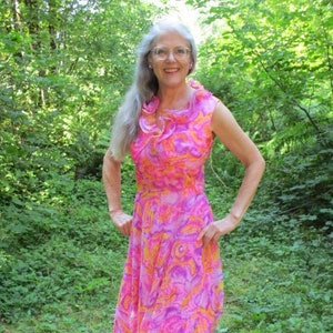 Sheer Bright Pink Print Chiffon Long Gown, Beach Resort Wedding, Summer Occasion, Sleeveless Ruffle Neck Dress, Formal Dress, Prom, Size 10