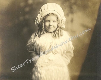 RPPC Adorable Little Girl with Fur Muff Antique Photo Postcard, Girl with Blonde Ringlets & High Button Shoes Collectible Vintage Postcard