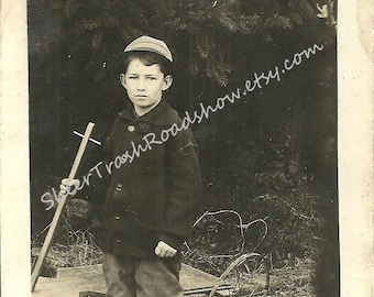 RPPC Little Boy with Wagon Antique Photo Postcard, Boy in Pantaloons & High Button Shoes, Collectible Vintage Postcard, OOAK