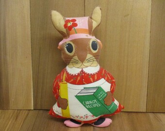 Vintage Fabric Panel Rabbit Lady Stuffed Toy, Rabbit Lady with Cookbook, Anthropomorphic Rabbit, Nursery Decor, Easter Decor, Mrs. Rabbit