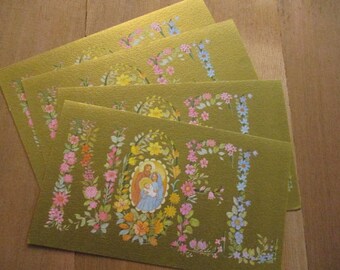 Unused Gold and Pastel Christmas Cards, Noel Christmas Cards w/ Envelopes, Beautiful Floral Design with Holy Family, Carolyn Pickett Art