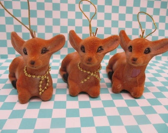 Lot of 3 Flocked Blow Mold Baby Deer Ornaments, Flocked Resting Christmas Fawns Christmas Tree Ornaments, Vintage Christmas Deer Fawns