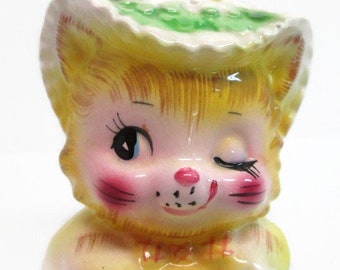 Enesco Winkin' Kitten Jam Jar Replacement Lid, Rare Replacement Piece, Yellow Miss Priss, Anthropomorphic Cat, Collectible Ceramics, Display