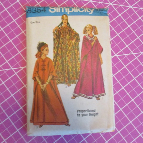 1969 Simplicity Caftan Pattern 8354 , Never Used Factory Folds, One Size, Proportioned to Your Height, Easy to Sew Women's Lounge Wear