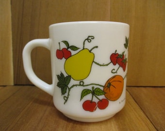 Signed R. Carman Arcopal Milk Glass Mug Cup, Colorful Mixed Fruits Motif Mug, Collectible Milk Glass, Apple Pear Orange Grapes Berries Lemon