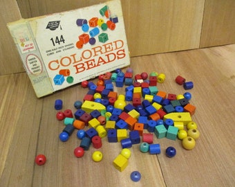 1964 Milton Bradley  Colored Wood Beads for Stringing, Counting, & Crafts; Vintage School Supply, Vintage Toy Stringing Beads, 1/2" Beads