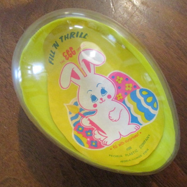 Unused Vintage Fill 'N Thrill Plastic Easter Egg, Yellow Plastic Fillable Easter Egg w/ Original Paper Insert, 5 1/4" x 3 1/2" Novelty Egg