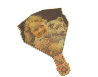 Funeral Fan w/ Little Girl Cute Dog Image, LIP +  BA Advertising Fan "Pals", A. O. Gillis & Sons Funeral Home Paddle Fan, Collectible Fan