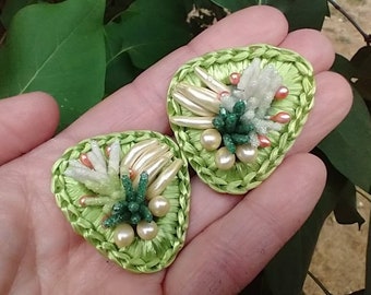 Kitsch Raffia Fruit Salad Clip On Earrings from West Germany, Green Basket Cluster Earrings, Triangular Statement Earrings