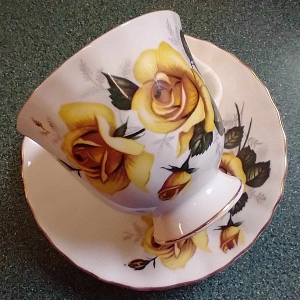 Queen Anne Bone China Tea Cup and Saucer w/ Yellow Roses Motif, Fine China Teacup and Saucer, Made in India, Gold Trim