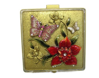 Stunning Heavy Brass Trinket Box w/ Enameled Floral & Butterfly Detail, Rhinestones, Bas Relief Raised Design, Romantic Gift for Her,Boudoir