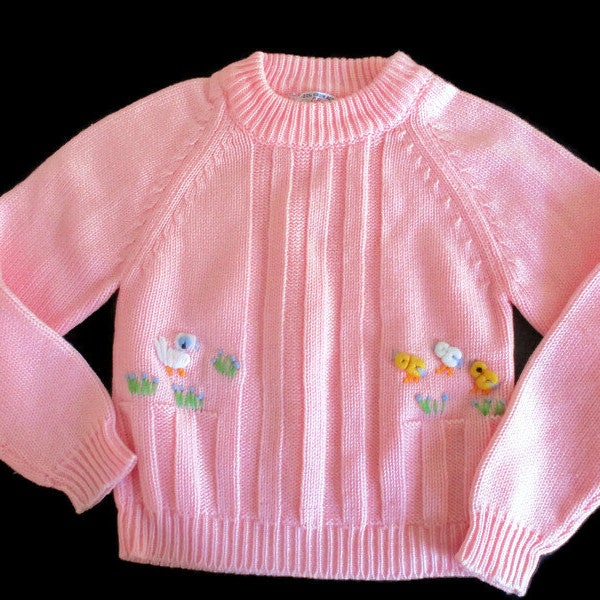 Adorable Pink Baby/Toddler Raglan Sweater, Vintage Baby Girl Sweater, SZ 18 - 24 Months, Cute Crewel Embroidery Ducks & Flowers