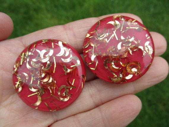 Blush Red Confetti Button Clip-On Earrings, Lucit… - image 1