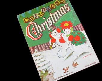 1958 Childrens Christmas Piano Music Book by Thomas Music Company, Great Retro Holiday Graphics, Anthropomorphic Snow People Cover Art