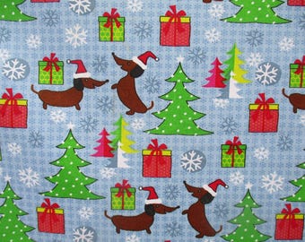 Christmas Santa Dachshund Print Cotton Fabric, Light Blue Background Holiday Dog Print