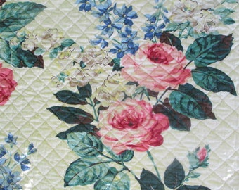 Quilted Floral Print Twin Bedspread with Scalloped Edges, White Background with Pink & Blue Flowers, Some Condition Issues, Use or Repurpose