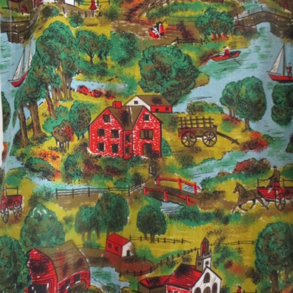 Decorator Fabric Curtain Panel w/ Rural Scene to Hang or Re-Purpose, Farm & Country Decorator Fabric Panel, 24" x 35" Red Fringe, Rod Pocket