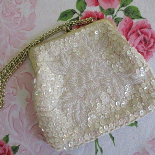 White/Off White Sequined Beaded Formal Handbag by La Regale Ltd. Hong Kong, Elegant Evening Bag, Wedding Handbag, Gold Tone Chain Handle