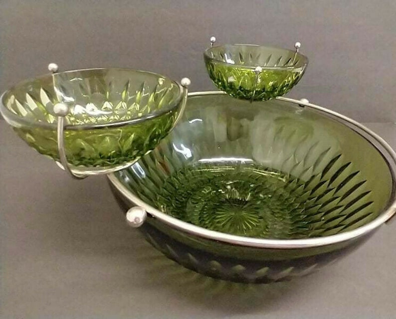 Avocado Green Glass Chip and Dip Set With TWO Dip Bowls Etsy