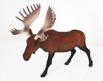 Flocked Toy Bull Moose, Realistic Moose Toy Figurine, Deer Family, Nature Scene Figure Craft Supply, North Country Wildlife