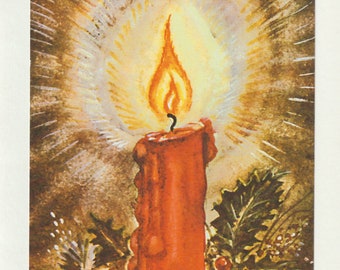 Unused Tasha Tudor Christmas Card,  Red Christmas Candle with Festive Greens, American Artists Group Christmas Card, Collectible Art