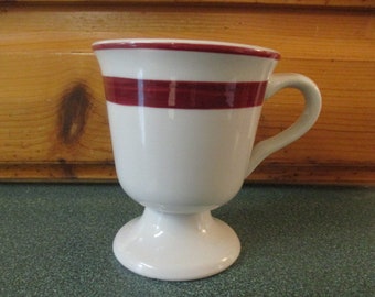 Jackson Custom China Restaurant Ware Pedestal Mug, Jackson China Footed Mug w/ Burgundy Stripes, Heavy Pedestal Foot Coffee Cup Mug