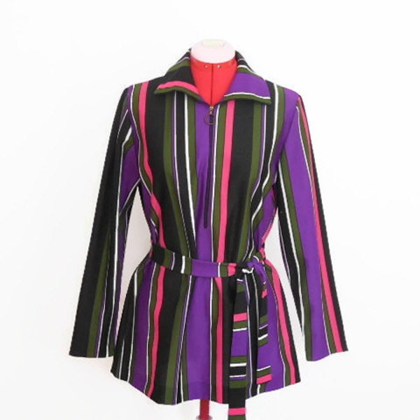 RESERVED FOR gmg05051: Koret Colortron Zip Neck Striped Blouse, Bold Striped Tunic Blouse, Vintage Koret Blouse, Purple Green Fuschia Black