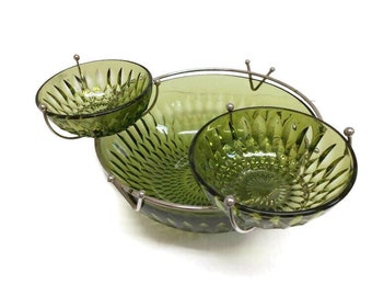 Avocado Green Glass Chip and Dip Set with TWO Dip Bowls, Indiana Glass Mt. Vernon Pattern, 4-Piece Mid Century Entertaining Set, Party Time