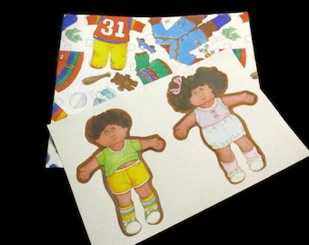 Current XL Folded Cabbage Patch Paper Doll Folded Gift Wrap Sheet w/ 2 Ethnic Dolls, Fun Paper Doll Wrapping Paper Set, Collectible Ephemera
