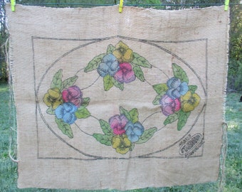 Color Printed Burlap Rug Canvas with Pansy Pattern, Rectangular Color Stamped Rug Hooking Foundation, 1950s Rug Making Supply, Burlap Fabric