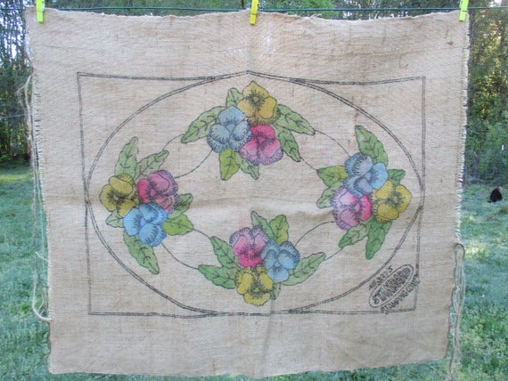 Vintage 1950s Pansy Rug Canvas, Color Printed Burlap, 38x22