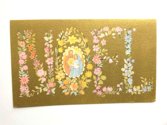 Unused Vintage Gold and Pastel Christmas Cards, Noel Nativity Christmas Cards