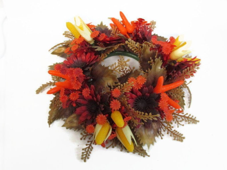 Autumn Plastic Floral Candle Wreath Orange Yellow Red Brown PIllar Candle Wreath Harvest Thanksgiving Decor Floral Plastic Centerpiece