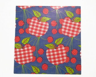 Set of 2 Fun Faux Gingham/Denim Print Folded Gift Wrap Sheets, 1970s Apples Cherries on Blue Background Wrapping Paper, Collectible Ephemera