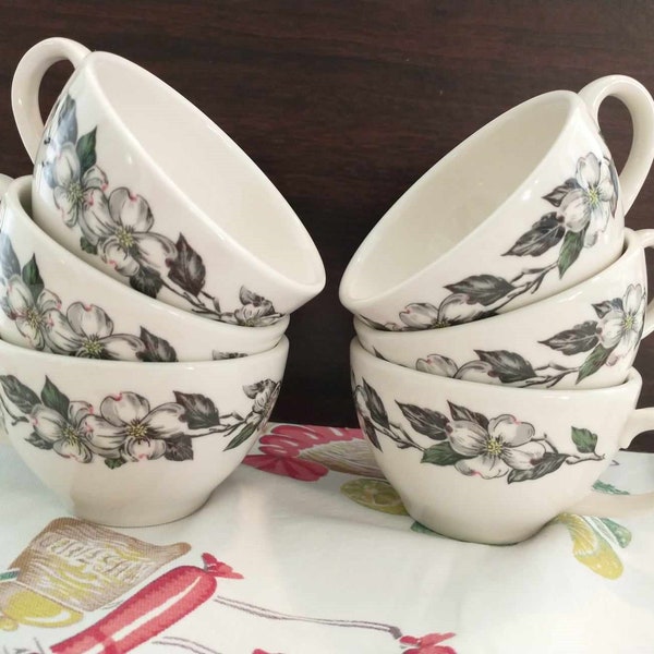 Mid Century Syracuse Restaurant Ware Coffee Cups in Dogwood Pattern, Traditional Diner Style Coffee Tea Cups, Floral Dogwood Design