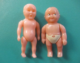 Set of 2 Tiny Jointed Plastic Dolls, Renwal No.8 Dollhouse Doll, 2 1/2" Sleep Eyes Celluloid Doll w/ Open Mouth, Creepy Tiny Dolls