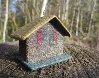 1940s/1950s Putz House Christmas Tree Ornament, Mica Glitter House