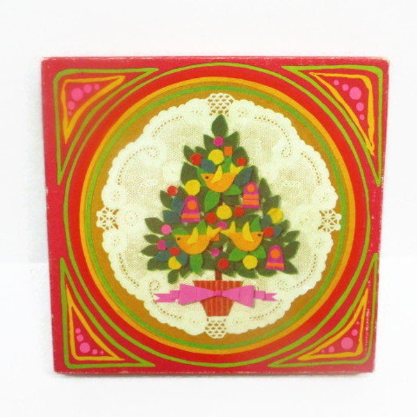 1960s Mod Christmas Card Box, Felt Christmas Tree Design Box, Empty Square Decorative Cardboard Box, Christmas Collectible Decor, Ephemera