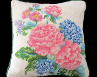 Pretty Floral Petit Point 12" Square Throw Pillow, Pink Roses Blue Hydrangeas Needlepoint Pillow, Green Corduroy Back & Piping, Cottage Chic