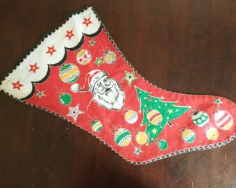 Kitscherige flanellen kerstsok met print uit het midden van de eeuw met kerstman
