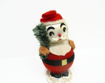 Mid Century Satin Ball Chenille Santa,  Roly Poly Santa, Kitsch Cute Santa, Small Santa Made in Japan, Collectible Christmas Decor, 5 1/2"