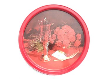 Rond tinnen dienblad met lithografie uit het midden van de 20e eeuw voor kerstserveerschalen
