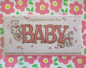 Pink Glitter Mid Century New Baby Congratulations Card,  Unused Vintage Greeting Card, Keepsake Paper Ephemera, Baby Adoption, New Parents