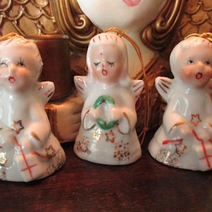 1960s Porcelain Christmas Angel Bell Ornament, Made in Japan, Your Choice of Boy or Girl Angel, 2&quot; Vintage China Angel Ornament Figurine