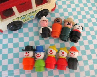 Fisher Price Little People and 1969 Mini-Bus, Lot of 9 Fisher Price Little People: Clowns, Firemen, Gordon, Dog, Cowboy, Mini-Bus FP-141