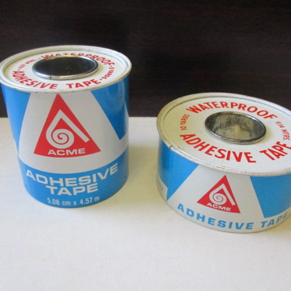 Set of 2 Acme Adhesive Tape Tins w/ Partial Contents, Vintage Medical First Aid Supply, Athletic Tape Tins, Vintage Medicine Chest Items