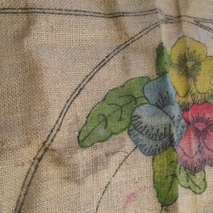 K&ouml;nnte beinhalten: Nahaufnahme eines Jutestoffs mit handgemaltem Blumendesign. Die Blumen sind in Gelb-, Blau- und Rosat&ouml;nen gehalten, mit gr&uuml;nen Bl&auml;ttern. Schwarze Umrisse definieren die Blumenformen und -stiele. Der Stoff hat ein raues, strukturiertes Aussehen.